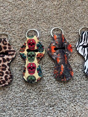 Set of 4 Neoprene Chapstick Holder Keychains! 🐆💀🍊🦓